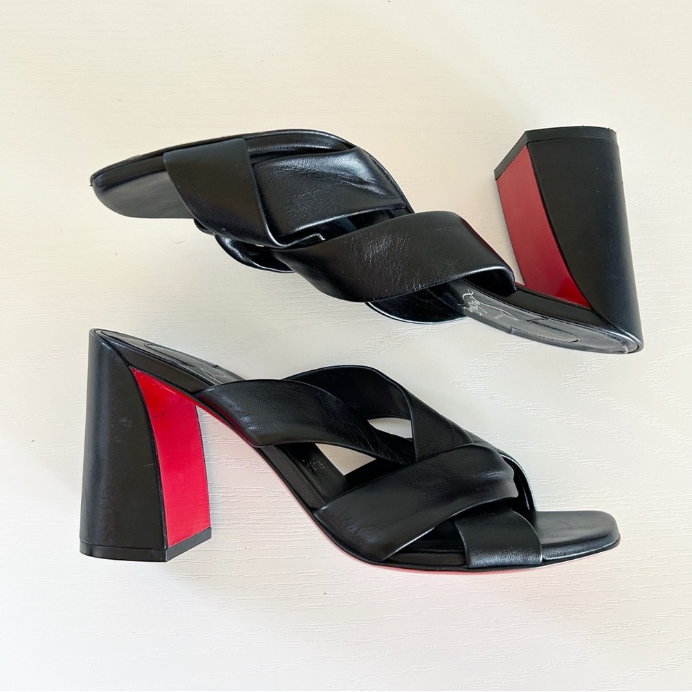 Christian Louboutin Black Leather Crisscross Block Heel Sandals with Red Sole - Picture 3 of 13